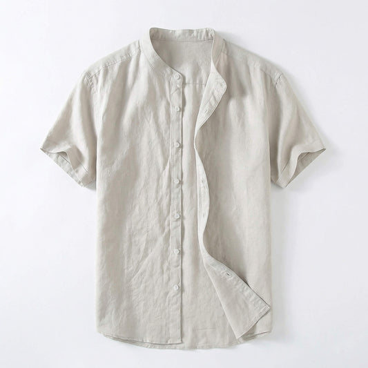 Camisa de lino hombre — cuello banda manga corta — ropa casual playa
