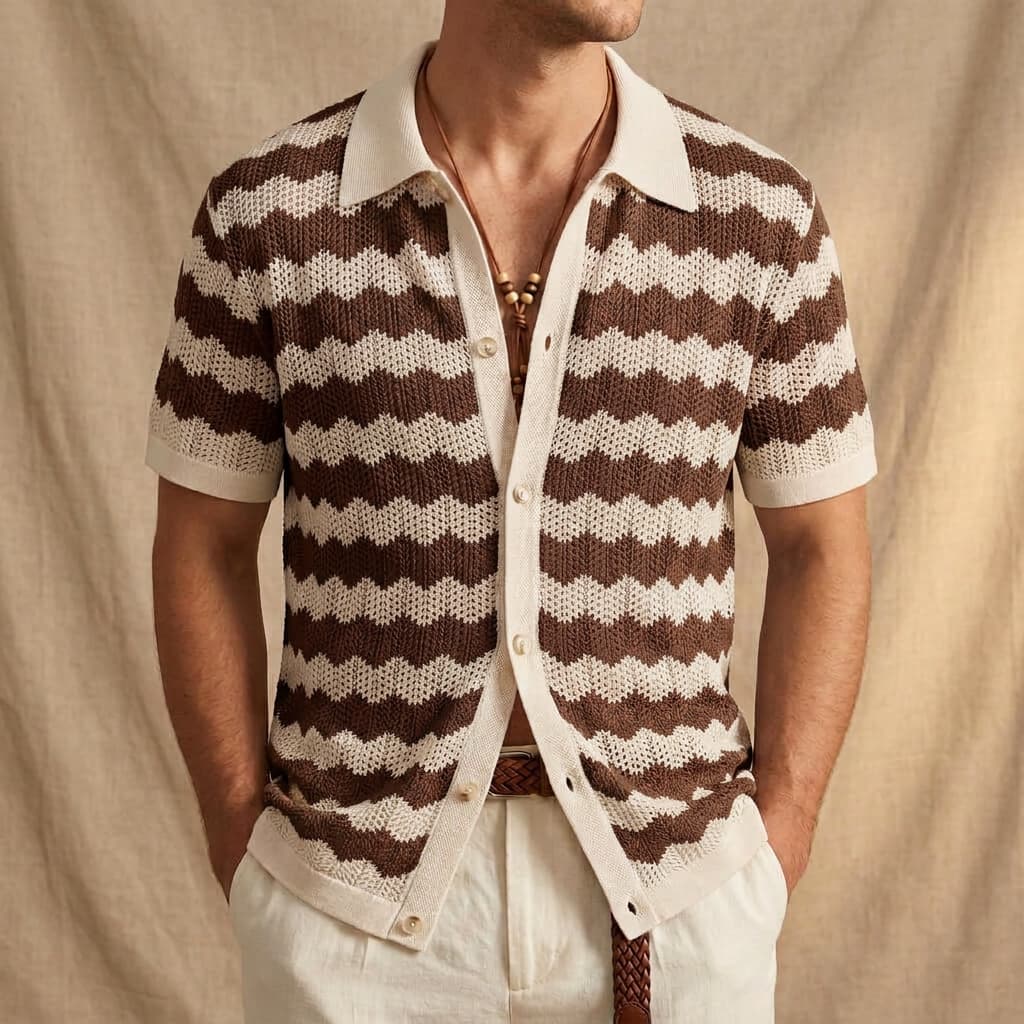 Polo de punto hombre — rayas verticales — ropa de playa y vacaciones